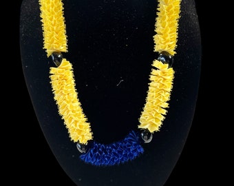 Hawaiian everlasting lei royal blue, silver lemon yellow with black kukui ribbon lei. Gift Authentic Hawaii Lei