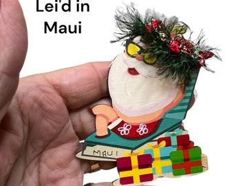6 Handmade in Maui Wood embellished Christmas ornaments,tags,desk decor or hang on tree Sandy feet Santa - Mele Kalikimaka Santa got Lei'd