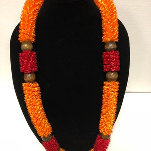 ribbon lehua lei, hawaiian ribbon lei, graduation lei, everlasting lei, handmade leis,  red lei, gold lei, handmade in hawaii