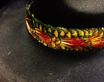 Handmade  Peacock and Pheasant Hawaiian Feather Hatband Lei Hulu hat band Maui lei humu papa featherlei