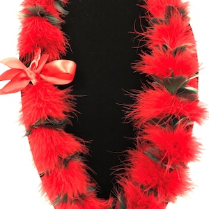 red or ilima ohia lehua feather lei,keepsake feather lei,leihulu, handmade on maui,red feather Lei,Ohia Lehua lei,blossom lei realistic