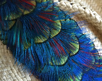 custom feather lei Peacock Hawaiian hatband, sample of a custom peacock hatband we work together to create your heirloom