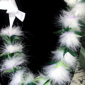 White Lehua ohia hawaiian blossom feather lei, feather lei custom, lei hulu ohia lehua, hawaiian feather lei