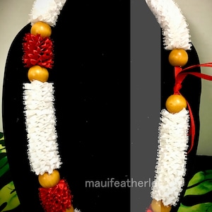 red and white ribbon lei handmade in Maui Hawaii, graduation leis, birthday gift