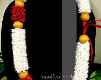 35 inch size adjustable  red and white satin ribbon lei handmade in Maui Hawaii, graduation leis, birthday gift, tropical gift