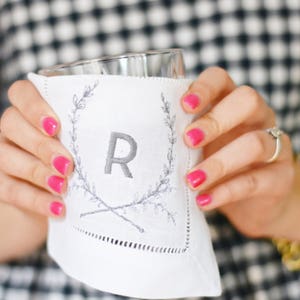 Cocktail Napkin - Heirloom Monogram Embroidered Linen Napkins- Hostess Gift- Housewarming Gift - Wedding Gift- Gifts for Her - bar cart