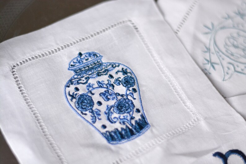 Embroidered Linen Cocktail Napkins Ginger Jar 4 pack/ 6 pack Etsy