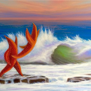 May include: A painting depicting two orange starfish with white dots, standing on rocks in the surf. The sea is blue and the sky is a soft pink and purple.