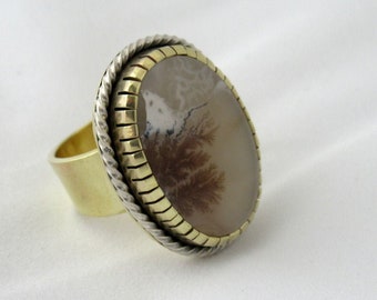 Dendritic Agate Ring, Brass and Sterling silver, Agate ring