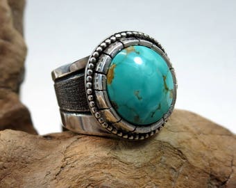 Turquoise and Sterling Silver Ring, size 6-1/2, Compass mine Blue Turquoise, boho ring, Southwestern style ring