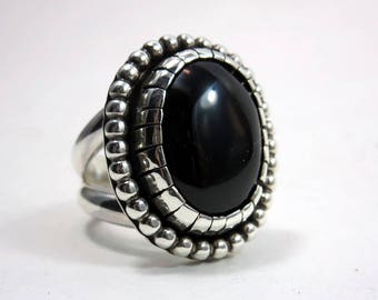 Large, Onyx Cocktail Ring, size 8, Sterling silver, Black gemstone ring, Statement ring, Gypsy Boho Jewelry, unisex ring