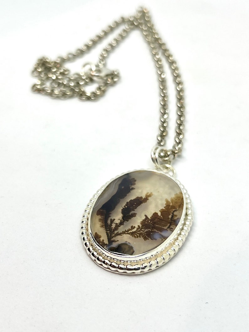 Dendritic Agate Necklace, Sterling silver, Agate Necklace, Fossil Dendrite Pendant image 1