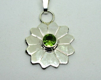 Peridot and Sterling silver snowflake charm necklace, sterling pendant, green gemstone