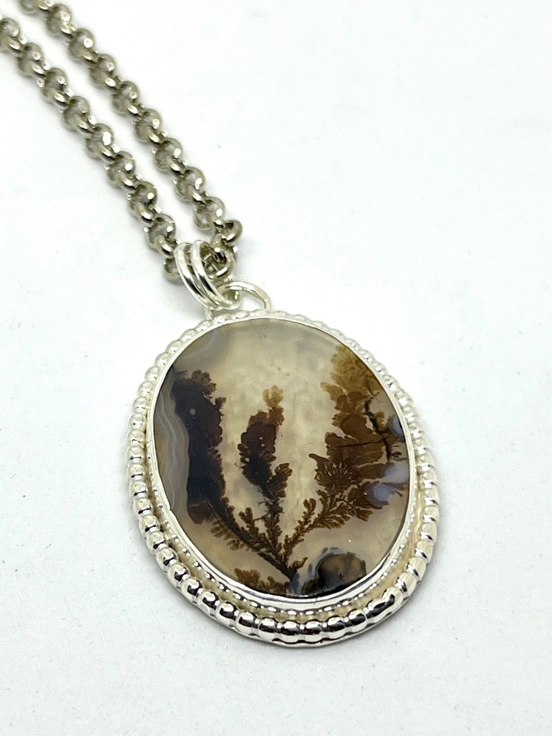 Dendritic Agate Necklace, Sterling silver, Agate Necklace, Fossil Dendrite Pendant image 3