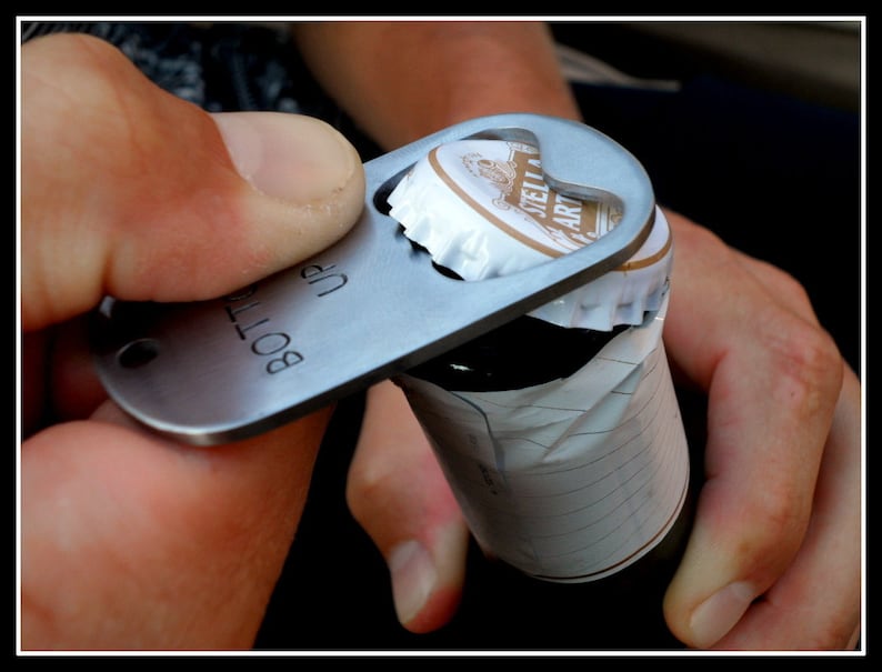 Hand Stamped Stainless Beer Bottle Opener Keychain Silver with Black Letters