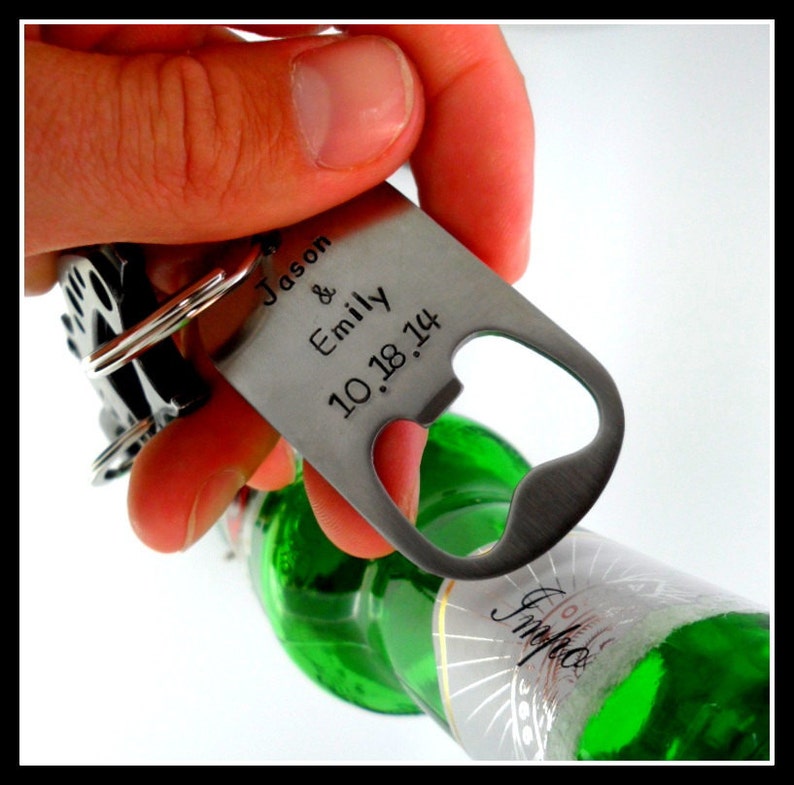 Hand Stamped Stainless Beer Bottle Opener Keychain Silver with Black Letters