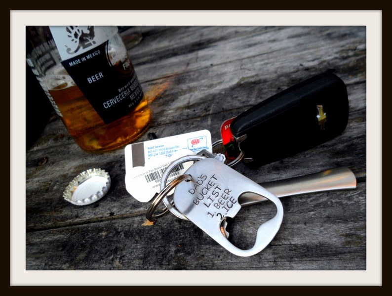 Hand Stamped Stainless Beer Bottle Opener Keychain Silver with Black Letters