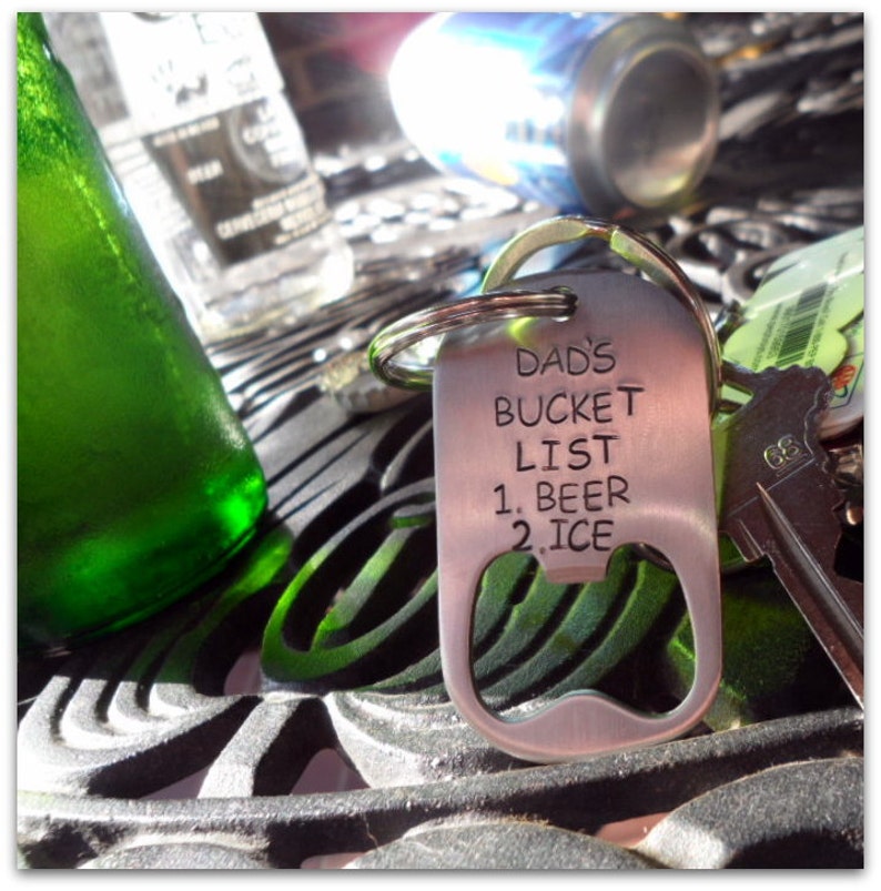 Hand Stamped Stainless Beer Bottle Opener Keychain Silver with Black Letters