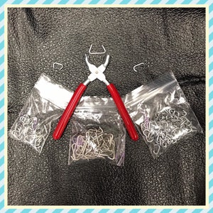 Hog Ring Pliers and 50 each Hog Rings 3/4, 1/2 & 3/8 Galvanized for Seats, Shock Cord, Doll Repair, Cages