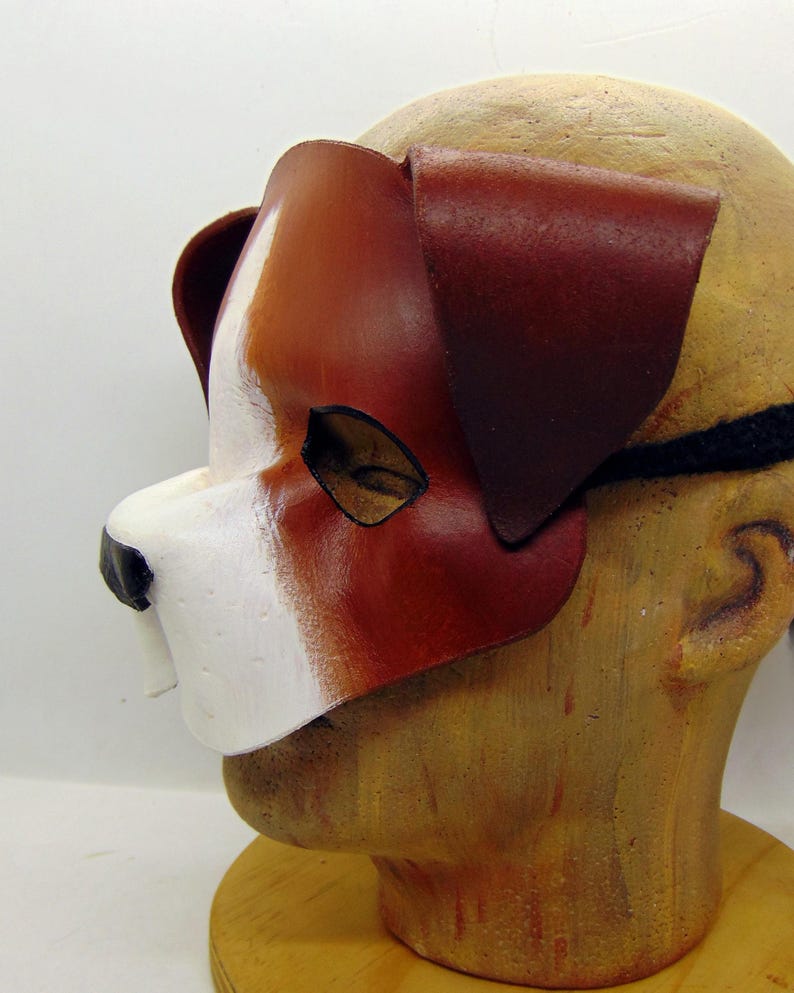 May include: A brown and white leather dog mask with a black elastic strap. The mask has a white nose and brown ears.