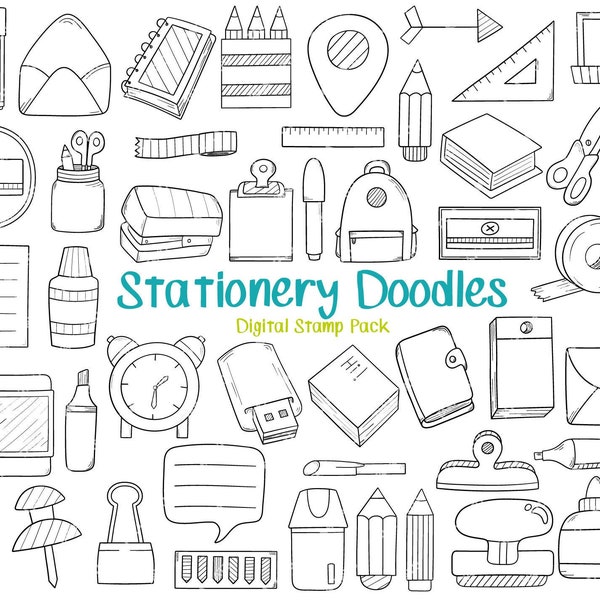 Stationery Doodles Digital Stamp - Stationery Clipart / School Supplies / Office Supplies / Pen / Pencil / Envelope / Ruler / Book / Paper