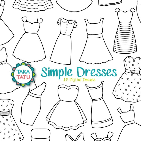 Dress Clipart - Black and White Dress Doodles / Fashion Digital Stamp / Dress Digi Stamp / Polka Dot / Vintage Dresses / Party Dress