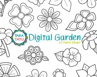 Digital Garden Digital Stamp Pack - Black and White Clipart / Flowers Clip Art / Black and White Printable / Digi Stamps - Instant Download