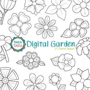 Digital Garden Digital Stamp Pack - Black and White Clipart / Flowers Clip Art / Black and White Printable / Digi Stamps - Instant Download