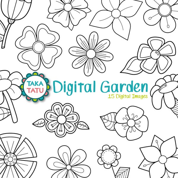 Digital Garden Digital Stamp Pack - Black and White Clipart / Flowers Clip Art / Black and White Printable / Digi Stamps - Instant Download