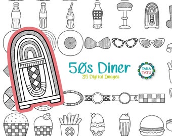 50s Diner Digital Stamp - Retro Diner Clipart / Vintage Sock Hop Party / Records / Jukebox Doodle / Diner Doodles / 50s Fashion