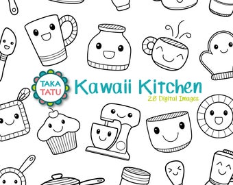 Kawaii Kitchen Digital Stamp Pack - Black and White Clipart / Cute Kitchen Clipart / Kawaii Kitchen Clipart / Cute Stamp / Happy Kitchen