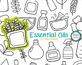 Essential Oils Clipart - Essential Oils Black and White Printable Digital Stamp / Aromatherapy Doodles / Natural Oil Bottles / Lavender