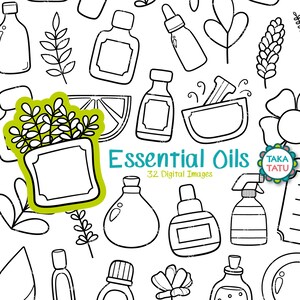Essential Oils Clipart - Essential Oils Black and White Printable Digital Stamp / Aromatherapy Doodles / Natural Oil Bottles / Lavender