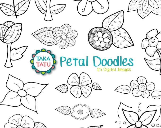 Petal Doodles Digital Stamp Pack - Black and White Clip Art / Hand ...