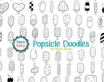 Popsicle Doodles Clipart - Black and White Digital Stamp / Printable Summer Doodles / Hand Drawn Ice Cream Graphics / Popsicle Line Art