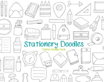 Könnte beinhalten: Schwarz-Weiß-Illustration verschiedener Schreibwaren. Enthält Stifte, Bleistifte, Scheren, Notizbücher, einen Rucksack und den Text "Stationery Doodles Digital Stamp Pack".