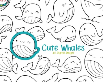 Cute Whales Black and White Digital Stamp / Whale Doodles Black and White Clipart / Cute Sea Printable for Digital Scrapbooking and Crafts