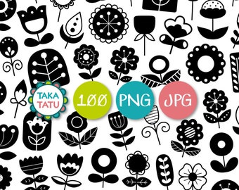 Scandinavian Flowers Digital Stamp Pack - Black and White Clipart Doodles / Flowers and Greenery Digital Images / Instant Download