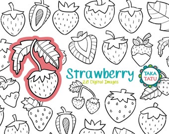 Strawberry Doodles Clipart - Fruit Digital Stamp / Hand drawn Strawberry Printables / Black and White Digital Strawberry Line Art - Download