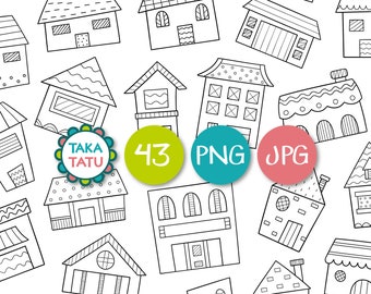 Houses and Shops Clipart - Black and White Digital Stamps / House Doodles Clipart / Cute City Doodles / Home Clipart / Building Printables