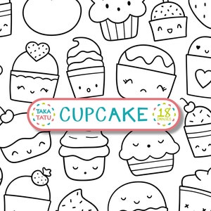 Kawaii Cupcake noir et blanc à la main dessiné ligne Art imprimable / mignon Cupcake timbre numérique / dessiné à la main mignon fête Clipart téléchargement immédiat