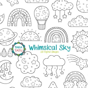 Grillige Sky Digital Stamp Set / Cute Night Doodles / Universe Stamps / Night Sky / Afdrukbare regenboog, wolken, zon en sterren