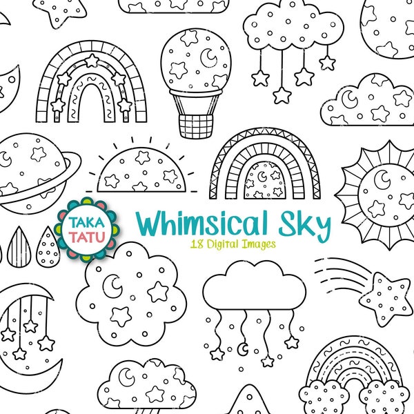 Whimsical Sky Digital Stamp Set / Cute Night Doodles / Universe Stamps / Night Sky / Printable Rainbow, Clouds, Sun and Stars