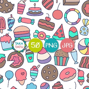 Paquete de imágenes prediseñadas imprimibles de dulces lindos / Ilustración dibujada a mano para la fabricación de tarjetas, álbumes de recortes y más / Helado / Donuts / Galleta / Batido