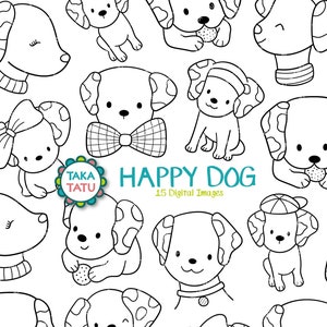 Happy Dogs Black and White Doodle Printable Digital Stamp for Kids and Crafters / Hand Drawn Line Art Digital Clipart for Dog Lovers / Pets
