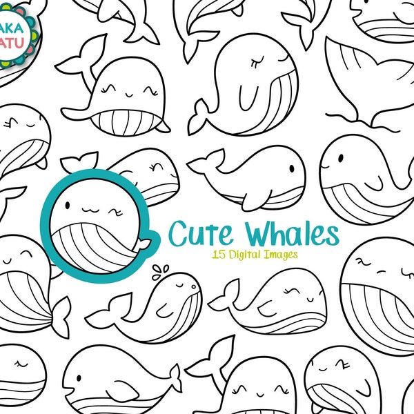 Cute Whales Black and White Digital Stamp / Whale Doodles Black and White Clipart / Cute Sea Printable for Digital Scrapbooking and Crafts