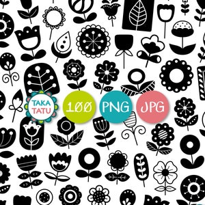 Pacchetto di francobolli digitali di fiori scandinavi - Scarabocchi Clipart in bianco e nero / Immagini digitali di fiori e verde / Download istantaneo