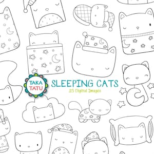 Sleeping Cats Clipart - Bedtime Digital Stamp / Good Night Doodles / Cats  Pajamas Party / Sleepover / Black and White / Moon and Stars