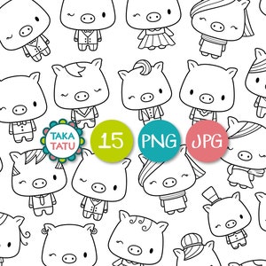 Sello digital de estrella de cine de cerdo - Moda Doodle Clipart / Garabatos de cerdo cortados en blanco y negro / Moda de estrella de cine / Imágenes prediseñadas divertidas para colorear