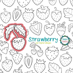 Strawberry Doodles Clipart - Carimbo digital de frutas / Imprimíveis de morango desenhados à mão / Arte digital em linha de morango em preto e branco - Baixar